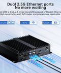 Fanless Industrial Mini PC Running Slick On Intel Core I5 With Windows 11 Pro Packing Thirty Two GB RAM And One Tera Byte Drive For Quiet Home Offices Featuring Dual HDMI Outputs Killer Wifi Six And Bulletproof Cellular Slots, showing dual 2.5G Ethernet ports.