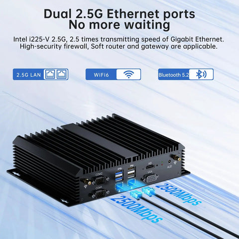 Fanless Industrial Mini PC Running Slick On Intel Core I5 With Windows 11 Pro Packing Thirty Two GB RAM And One Tera Byte Drive For Quiet Home Offices Featuring Dual HDMI Outputs Killer Wifi Six And Bulletproof Cellular Slots, showing dual 2.5G Ethernet ports.