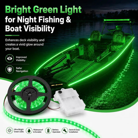 Battery Powered Boat LED Strip Lights No Wiring Needed 16.4ft Green Glow Easy Install on boat deck at night for fishing.