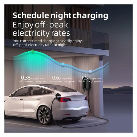Top Shelf Smart EV Charger Wall Box With Bluetooth And Wifi App Tracking Rfid Card Swipe Type Two Plug Heavy Gauge Copper Lines For Seamless All Night Garage Charging Plus Super Easy Plug And Go Setup image showing night charging with price comparison.