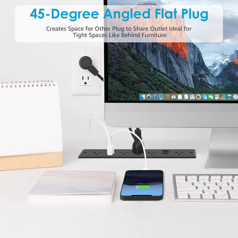 Flat Plug Recessed Power Strip With 5 AC Outlets And 6 USB Ports beneath desk, charging devices, angled plug in use.