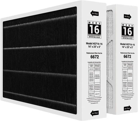 MERV 16 Furnace Filter 16x25x5 Replacement For X6672 Lennox Compatible HVAC System Part HCF16 2 Pack showing front and side view