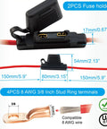 Two Pack Black 8 AWG Inline Fuse Holder With Waterproof Maxi Fuse Block, showing dimensions and UL-rated copper stud rings.