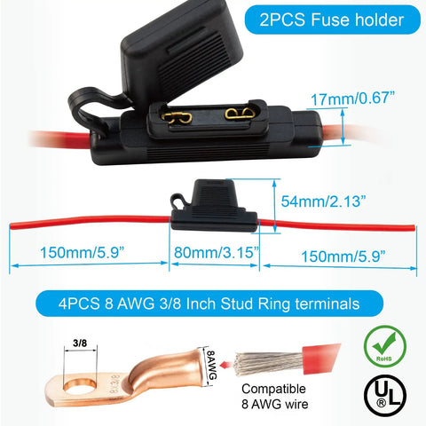 Two Pack Black 8 AWG Inline Fuse Holder With Waterproof Maxi Fuse Block, showing dimensions and UL-rated copper stud rings.
