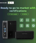 Jetson Orin NX Edge AI Powerhouse with certifications and ports showcased, ready for market, compact size with multiple slots visible