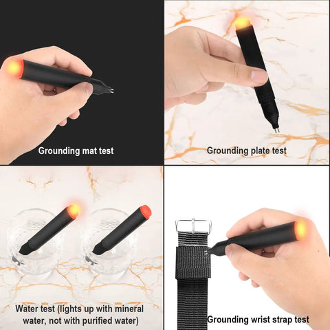 All-in-One Grounding Tester Kit with GFCI Outlet Checker and Conductivity Pen testing mats, plates, water, and wrist strap.