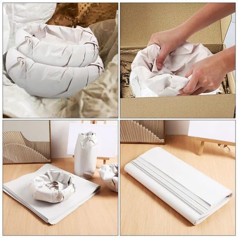Newsprint Packing Paper Cushions For Shipping And Moving shown wrapping items and in a folded stack, perfect for fragile protection.