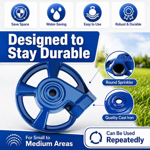 Heavy Duty Cast Iron Lawn Sprinkler For Yard And Garden Watering With American Threaded Joints Durable Weather Resistant Metal Sprinkler System Perfect For Irrigation And Lawn Care Blue Finish