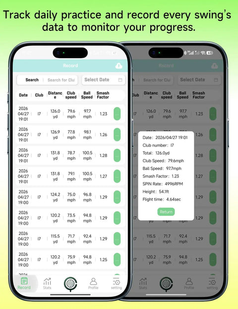Portable Golf Launch Monitor And Home Simulator For Swing Analysis display on smartphone showing swing data