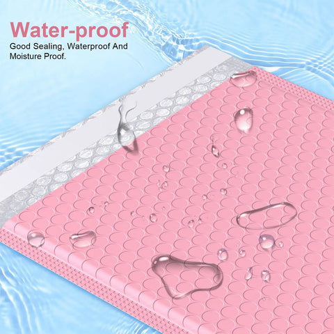 Water droplets on 8x10 Light Pink Bubble Mailers Padded Envelopes Self Sealing Shipping Bags 25 Pack, water and tear resistant.