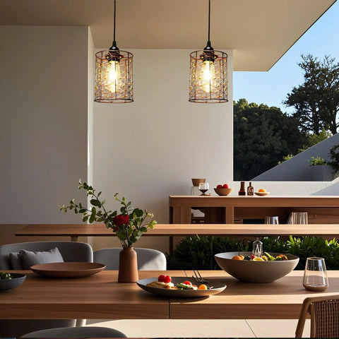 Super Lit Battery Operated Hanging Chandelier Crafted From Twisted Copper And Glowing Gold Beads 5By6 Inch Pendant Lamp in stylish kitchen decor.