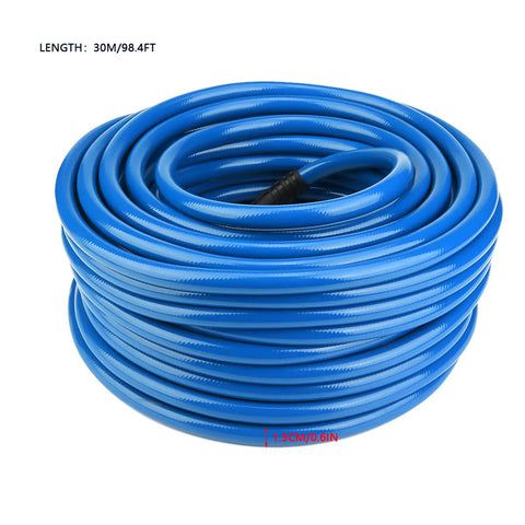 Rock Solid Heavy Duty PVC Air Compressor Hose 2 Pack 30 Meter Length 300 Psi Max Pressure Reinforced Polyester Braid coiled in blue.