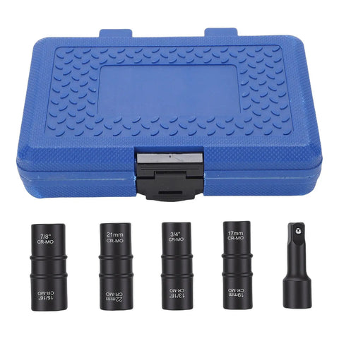 Dual Head Lug Nut Socket Set In CrMo Steel Thin Wall Wheel Nut Sockets Five Piece Automotive Tool Kit shown with blue case