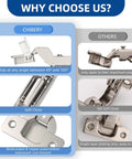 Comparison of soft close cabinet hinges showing features of Twenty Pack Inset Cabinet Hinges Featuring Smooth Soft Close Action And Frameless Design For Quick No Sweat Installation Heavy Duty Metal Construction With Included Mounting Screws And Wood Dowels.