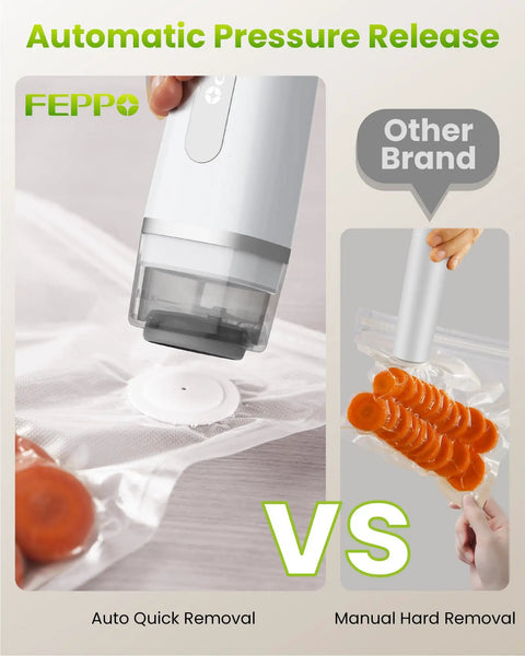 Compact Handheld Vacuum Sealer For Food With Visible Water Tank And 30 Reusable Bags, showing automatic quick seal vs manual