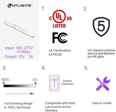 Specifications and features of dimmable LED driver transformer 36W power supply converts 100-277V AC to 12V DC for LED strip lights