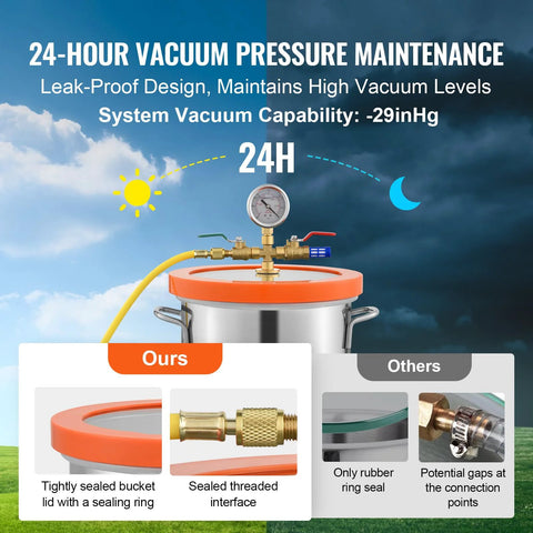 VEVOR 3-Gallon vacuum degassing chamber with tempered glass lid, gauge, and 304 stainless steel body.