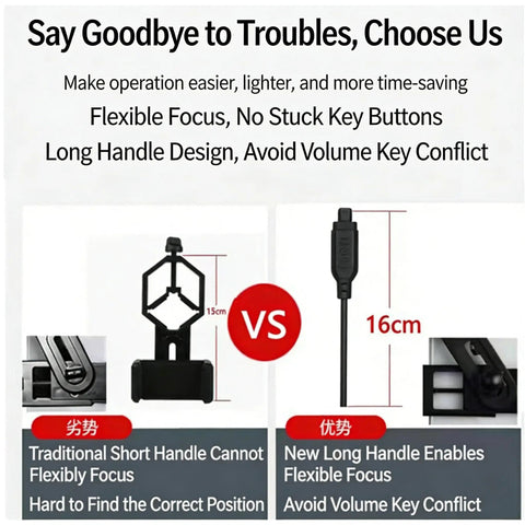 Comparison of short and long handle designs for Smartphone Telescope Adapter With Quick Lock Mount For Binoculars Monocular Microscope.