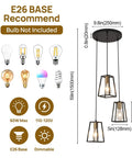 Dimensions and features of Lantern Style Pendant Light With Iron Cage Frame, Modern Vintage Vibe, Brushed Black Round Canopy, 3 E26 Bulbs.