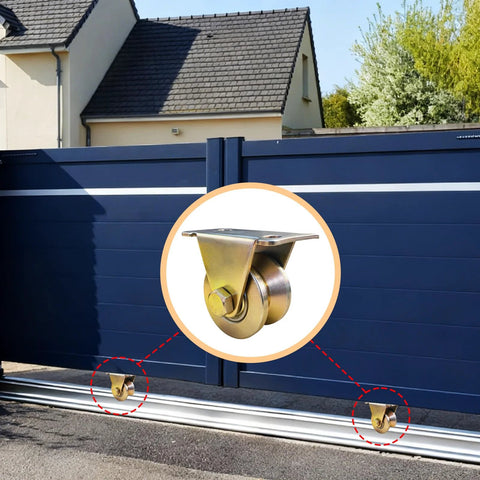 Front view of four 2-inch V-groove gate casters with brackets under a blue sliding gate; inset close-up.