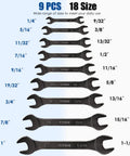 Ultra Slim 9 Piece SAE Open End Wrench Set From 1/4 Inch To 1-1/16 Inch shown with size labeling