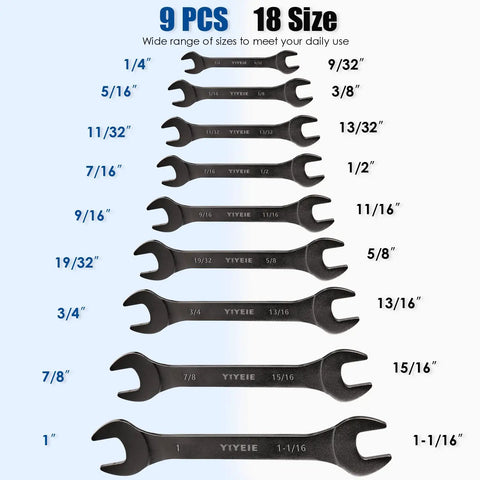 Ultra Slim 9 Piece SAE Open End Wrench Set From 1/4 Inch To 1-1/16 Inch shown with size labeling