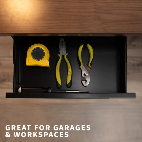 Open 16 Inch Under Desk Slide Out Drawer Without Shell Steel Black Home Office Storage Organizer with tools inside