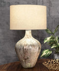 Contemporary Glass Table Lamp 30 Inch With Drum Shade On Off Switch Type A Bulb Compatible Perfect For Living Room Desk Or Hallway Modern Buffet Lamp Design Vibe, rustic finish with potted plant on wooden surface.