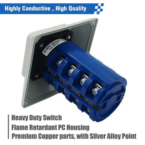 63A Rotary Changeover Switch With Exterior IP65 Enclosure showing blue housing and terminal connections