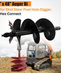 18" x 48" auger bit with spiral flighting attached to skid steer in a field