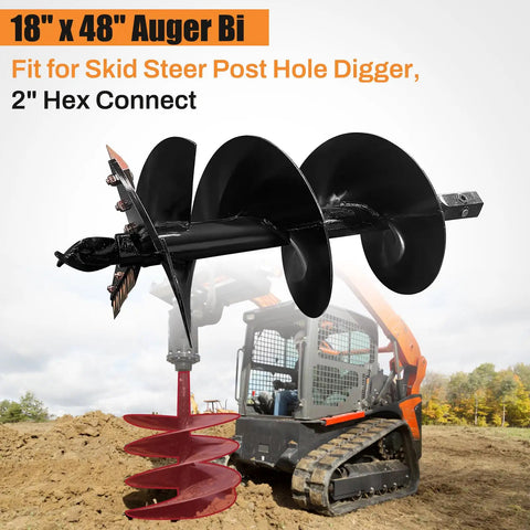 18" x 48" auger bit with spiral flighting attached to skid steer in a field