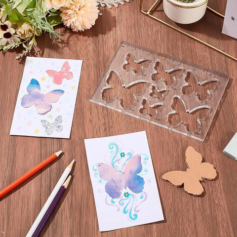 Smooth Operator Acrylic Router Template Set With Killer Butterfly Stencil For Precision Woodworking Projects on a wooden table.