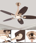 Ceiling Fan with Built-in Light and Handheld Switch, 5 Blades, Modern, showcasing 5 dark wooden blades and a gold finish.