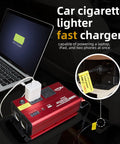 1000 Watt DC To 110V AC Vehicle Power Inverter With Dual AC Outlets USB C PD 30W Fast Charge connected to a laptop.