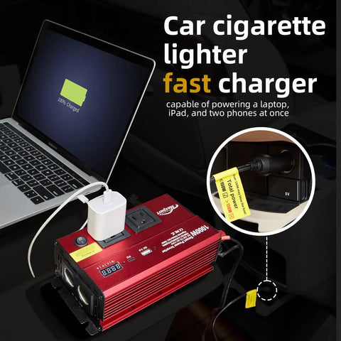 1000 Watt DC To 110V AC Vehicle Power Inverter With Dual AC Outlets USB C PD 30W Fast Charge connected to a laptop.