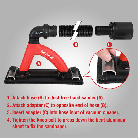 Badass Dust Free Drywall Hand Sander With Comfortable Soft Rubber Handle and Six Point Five Foot Vacuum Hose attachment guide.
