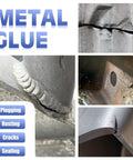 Metal glue epoxy adhesive, 3.4 oz, heavy-duty; collage shows cracked rusted metal and repair areas.