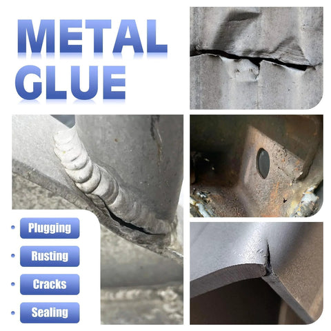 Metal glue epoxy adhesive, 3.4 oz, heavy-duty; collage shows cracked rusted metal and repair areas.