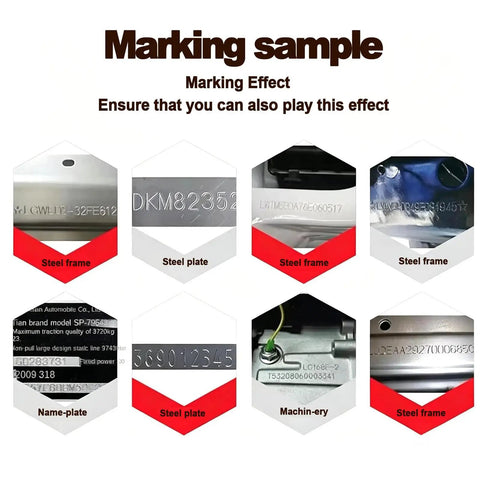 Marking samples from Portable Air Powered Engraver With Rock Solid Pneumatic Dot Peen Head For Sharp Metal Marking.