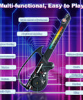 CL Funny Kids Electric Stringless Guitar With DJ Turntable And Lights features controls for music, volume, and lighting, set against colorful background.