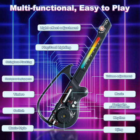CL Funny Kids Electric Stringless Guitar With DJ Turntable And Lights features controls for music, volume, and lighting, set against colorful background.