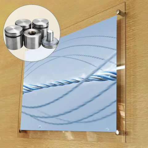 Beefy 1 Inch Stainless Steel Standoff Screws 4 Pack Rock Solid Wall Mount Spacers For Glass Acrylic Frames shown with mounted photo.