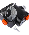 Getanye hydraulic adjustable flow control valve with relief, 1/2'' NPT, black valve body, metal dial, orange adjustment knobs.