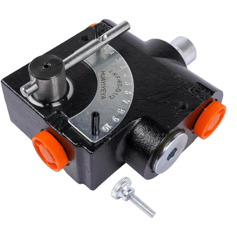Getanye hydraulic adjustable flow control valve with relief, 1/2'' NPT, black valve body, metal dial, orange adjustment knobs.