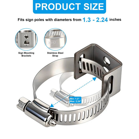 Two Pack Adjustable Sign Mounting Brackets for Poles 1.3 to 2.24 Inches, Rust Resistant Street Sign Hardware, stainless steel strap close-up.