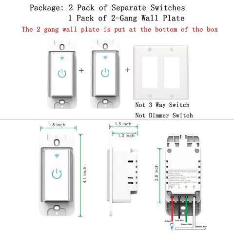 2 Gang Touch WiFi Light Smart Switch For Walls Compatible With Alexa Google Assistant And IFTTT 2 4G Network Neutral Wire Required Replacement For Single Pole Not A Dimmer Includes Two Switch Modules And Wall Plate package contents displayed with dimensions