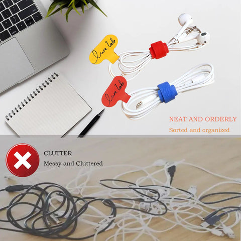 60 Pack Cable Labels and Cord Organizer Kit With Color Coded Write On Wire Labels and Marker Plus 30 Ties showing organized cords