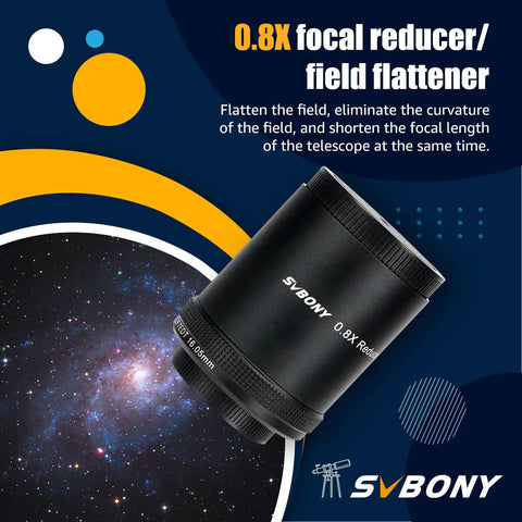 Field Flattener 0.8x Focal Reducer For SV550 122mm APO Refractor Telescope shown with galaxy background, corrects field curvature