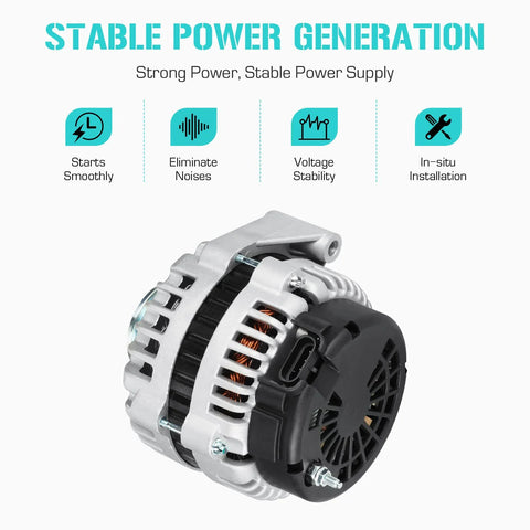 Beefy Heavy Duty Alternator Replacement For GM Trucks And SUVs Including Rainier Escalade Avalanche Express Suburban Sierra Savana Silverado 1500 2500 3500 2003-2006 5.3L 6.0L Engines, front view with features overview.