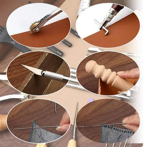 Leather Sewing Kit With Waxed Thread, Needles, Awls And Hand Stitching Tools For DIY Leather Projects, tools in use
